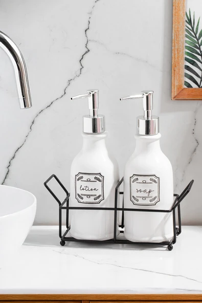 Porsima 3115 Gümüş Kapaklı Porselen 2li Sıvı Sabunluk Beyaz 700 Ml Beyaz - 2