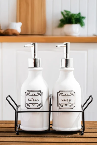 Porsima 3115 Gümüş Kapaklı Porselen 2li Sıvı Sabunluk Beyaz 700 Ml Beyaz - 3