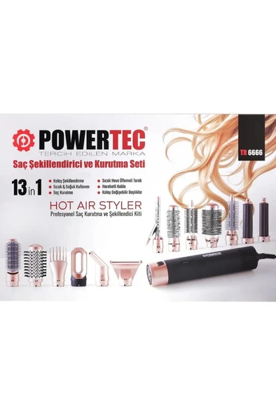 Powertec TR-6666 Ionic Serisi Multi-Styler Saç Şekillendirici & Saç Kurutma Seti 13in1 Profesyonel Set