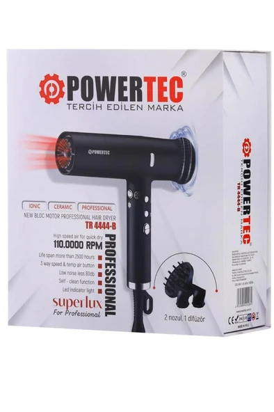 Powertec TR-4444 Süperlux Ionıc Supersonic Saç Kurutma ve Fön Makinesi Siyah