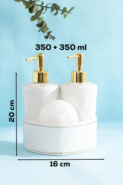 Porsima 3117 Gold Kapaklı Porselen Süngerli 2li Sıvı Sabunluk Beyaz 350+350 Ml Açık Gri - Beyaz
