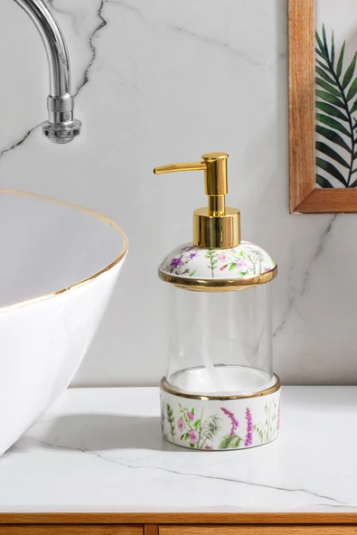 Porsima 3127-1 Gold Kapaklı Porselen Ve Cam Sıvı Sabunluk Çiçek Desenli Ve Şeffaf Tasarım 350 Ml Gold - 3