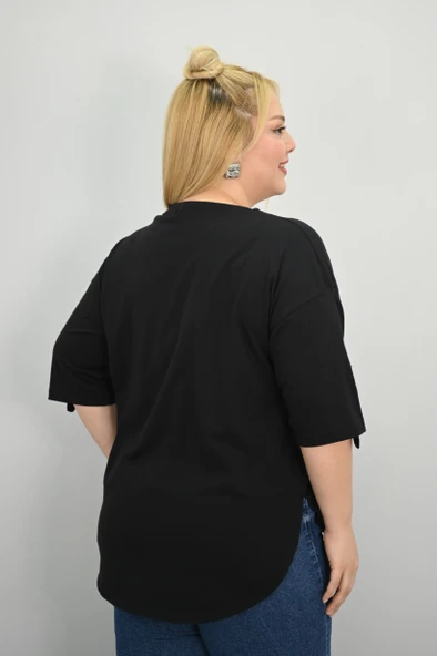 Kadın Büyük Beden Kısa Kollu Taş Detaylı Ayı Baskılı Oversize T-shirt 1926-25 - 8