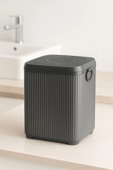 Lines Serisi Gri Banyo Seti, 5 Parça Akrilik Kare 5 Litre Çöp Kovası, Sabunluk, Fırçalık Takımı 3462 - 2