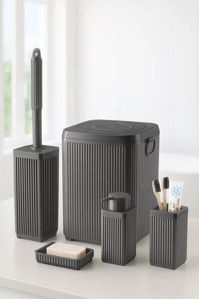 Lines Serisi Gri Banyo Seti, 5 Parça Akrilik Kare 5 Litre Çöp Kovası, Sabunluk, Fırçalık Takımı 3462