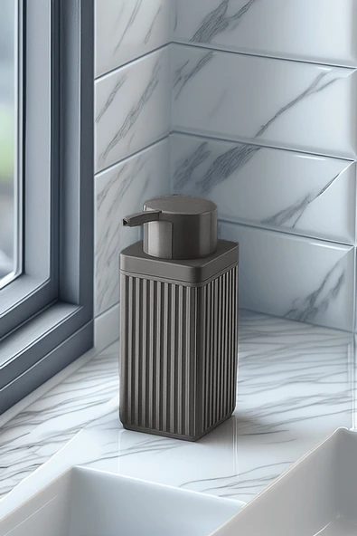 Lines Serisi Gri Banyo Seti, 5 Parça Akrilik Kare 5 Litre Çöp Kovası, Sabunluk, Fırçalık Takımı 3462 - 3