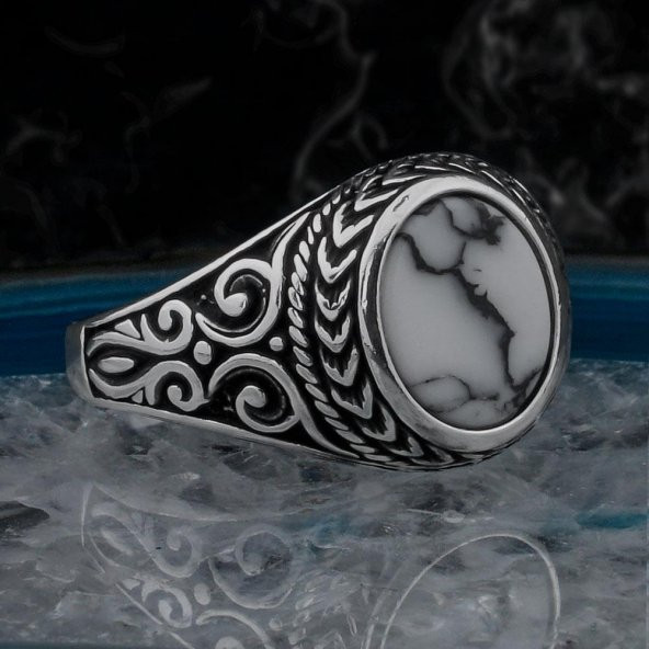 Yuvarlak Beyaz Firuze Taşlı 925 Ayar Gümüş Erkek Yüzük ürün görseli 1