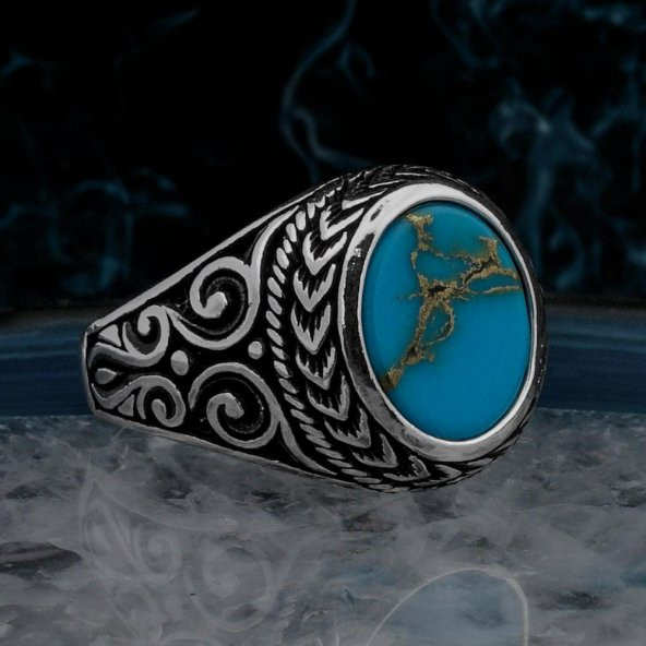 Yuvarlak Mavi Turkuaz Taşlı 925 Ayar Gümüş Erkek Yüzük ürün görseli 1