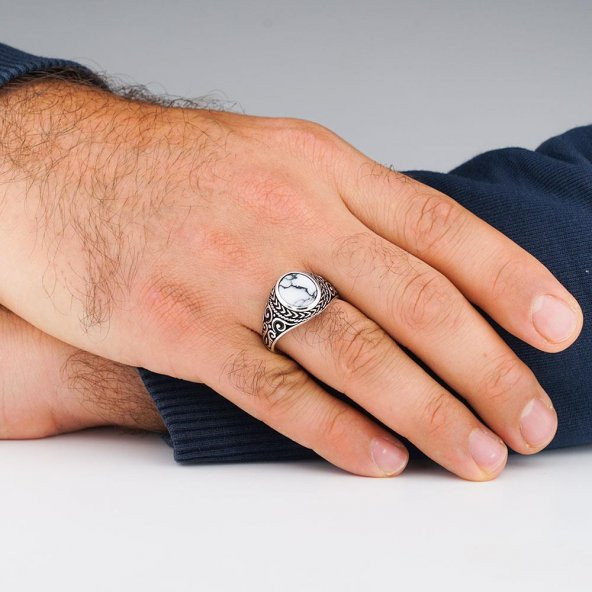 Yuvarlak Beyaz Firuze Taşlı 925 Ayar Gümüş Erkek Yüzük - Resim 2