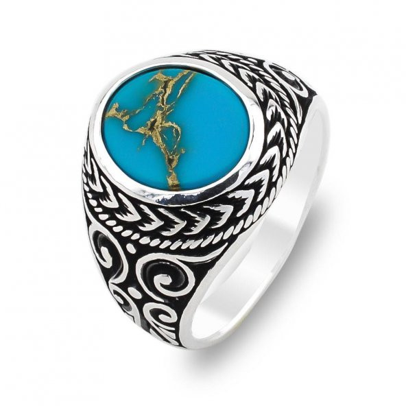 Yuvarlak Mavi Turkuaz Taşlı 925 Ayar Gümüş Erkek Yüzük - Resim 3