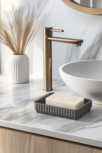 Lines Serisi Gri Banyo Seti, 5 Parça Akrilik Kare 5 Litre Çöp Kovası, Sabunluk, Fırçalık Takımı 3462 - 5