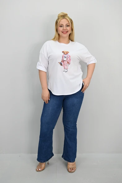 Kadın Büyük Beden Kısa Kollu Taş Detaylı Ayı Baskılı Oversize T-shirt 1926-25 - 9