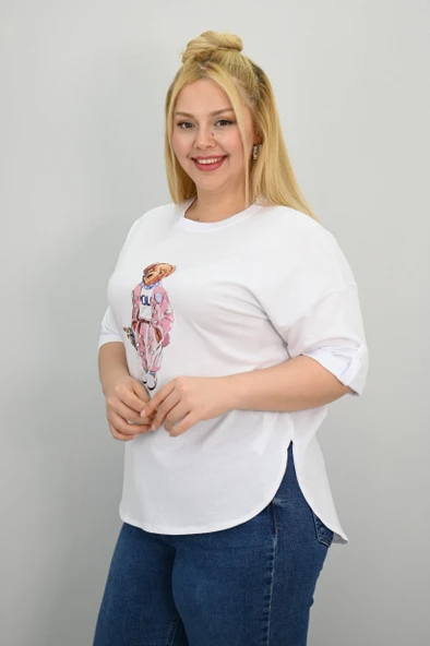 Kadın Büyük Beden Kısa Kollu Taş Detaylı Ayı Baskılı Oversize T-shirt 1926-25 - 11