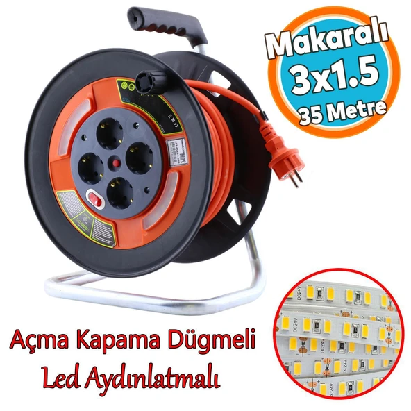 Plastik Makaralı 35 Metre Seyyar CCA Kablo 4 Prizli Monofaze Uzatma Kablosu 3x1.5 mm TTR Kablo