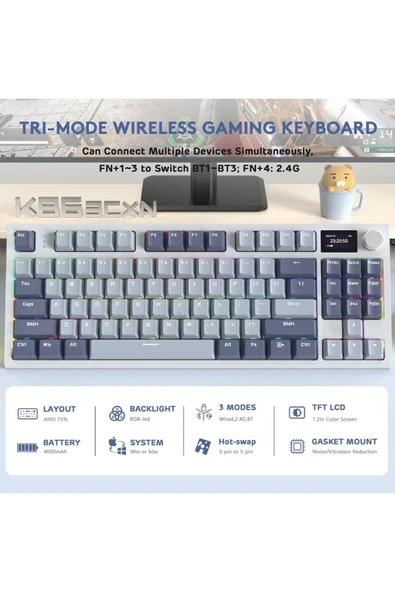 Attack Shark K86 Pro White Switch Kablosuz Mekanik Klavye 2.4G/BT5.0/USB-C Kablosu HD 1,2 inç Ekran ve Düğme RGB - 2