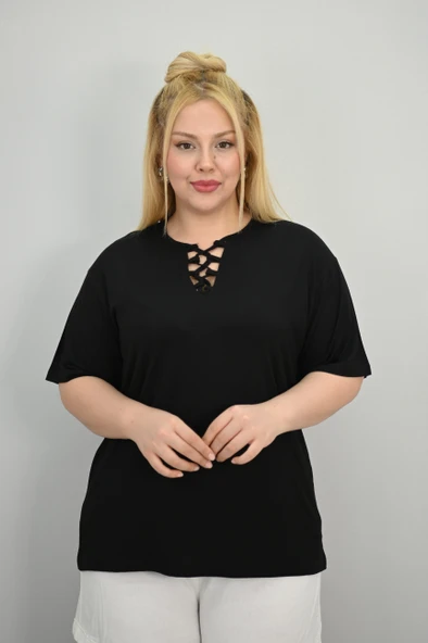 Kadın Büyük Beden Kısa Kollu Yakası Biye Detaylı Bluz 1970-25 - 5