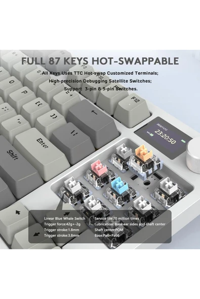 Attack Shark K86 Pro White Switch Kablosuz Mekanik Klavye 2.4G/BT5.0/USB-C Kablosu HD 1,2 inç Ekran ve Düğme RGB - 5