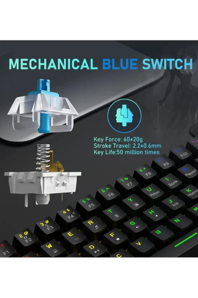 ATAsoft ELEKTRONİK Since 2021 T60 Rgb Mavi Switch Mekanik Siyah Klavye Kablolu Gaming Driverli Oyuncu Klavyesi T60 Mini Q Klavye - Resim 2