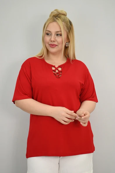 Kadın Büyük Beden Kısa Kollu Yakası Biye Detaylı Bluz 1970-25 - 12