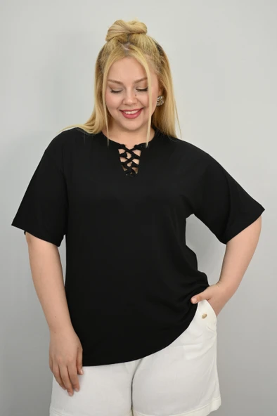 Kadın Büyük Beden Kısa Kollu Yakası Biye Detaylı Bluz 1970-25 - 6