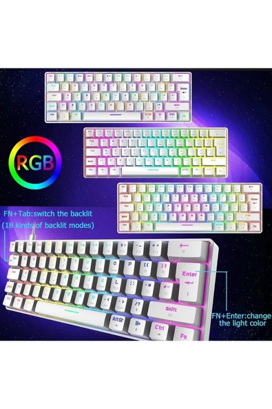 Z00 T60 Beyaz Red Ve Blue Switch Rgb Gaming Oyuncu Klavyesi Mekanik 62 Tuş 18 Ayarlanabilir Led Gaming - 4