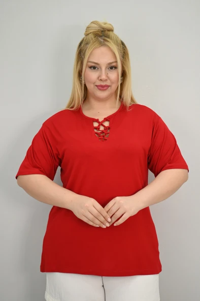 Kadın Büyük Beden Kısa Kollu Yakası Biye Detaylı Bluz 1970-25 - 11