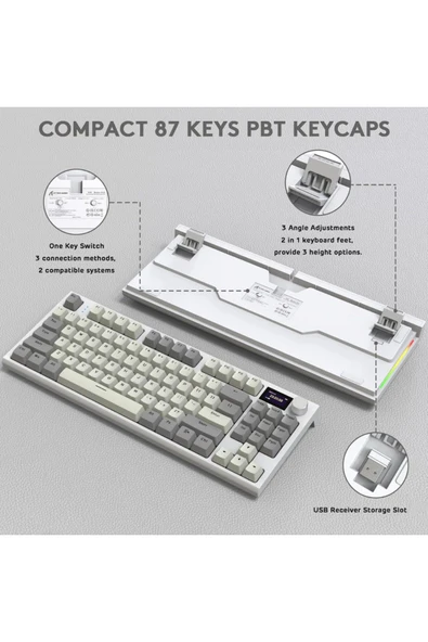 Attack Shark K86 Pro White Switch Kablosuz Mekanik Klavye 2.4G/BT5.0/USB-C Kablosu HD 1,2 inç Ekran ve Düğme RGB - 6