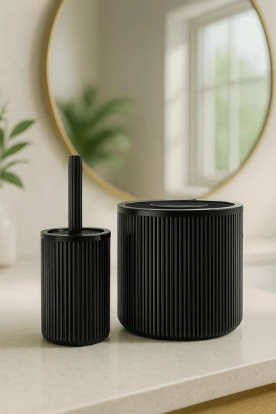 Lines Serisi Siyah Banyo Seti, 2 Parça Akrilik Silindir 5 Litre Çöp Kovası ve Tuvalet Fırçası Takımı ürün görseli