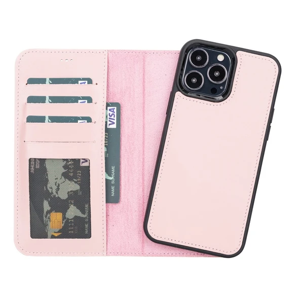 Apple iPhone 13 Pro Max Uyumlu Deri Cüzdanlı Kılıf NU2 Pembe - 2