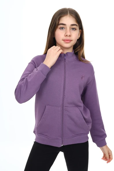 Toontoy Kız Çocuk Mavi Dik Yaka Fermuarlı Cepli Düşük Omuz Nakış Baskılı Örme Hırka - 2 İplik Şardonlu - 3