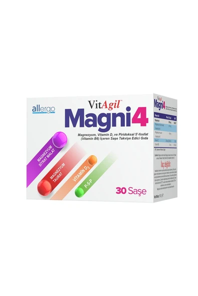 Allergo VitAgil Magni4 Magnezyum, Vitamin D3 ve Vitamin B6 İçeren 30 Saşe Takviye İçeren Gıda ürün görseli 1