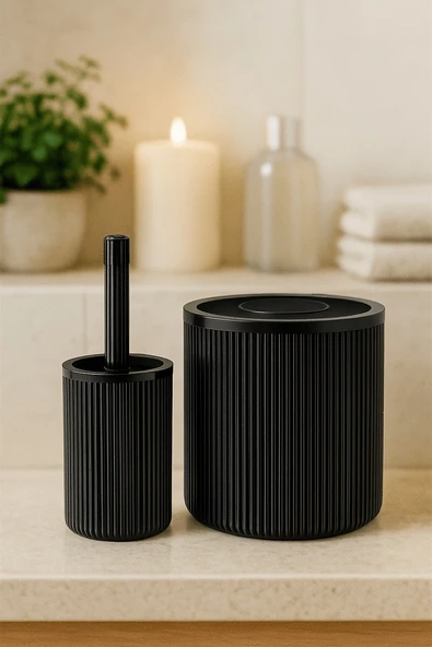 Lines Serisi Siyah Banyo Seti, 2 Parça Akrilik Silindir 5 Litre Çöp Kovası ve Tuvalet Fırçası Takımı - Resim 5