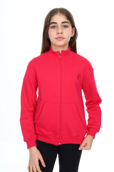 Toontoy Kız Çocuk Mavi Dik Yaka Fermuarlı Cepli Düşük Omuz Nakış Baskılı Örme Hırka - 2 İplik Şardonlu - 2