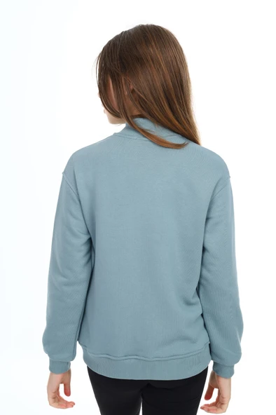 Toontoy Kız Çocuk Mavi Dik Yaka Fermuarlı Cepli Düşük Omuz Nakış Baskılı Örme Hırka - 2 İplik Şardonlu - 8