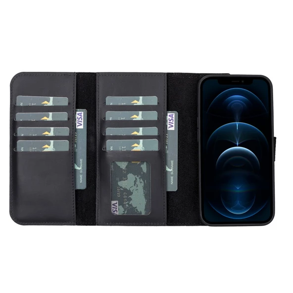 Apple iPhone 13 Pro Uyumlu Deri Cüzdanlı Kılıf Santa G1 Siyah - 3