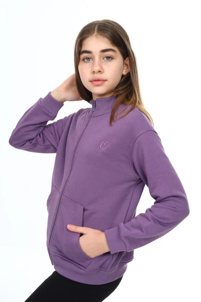 Toontoy Kız Çocuk Mavi Dik Yaka Fermuarlı Cepli Düşük Omuz Nakış Baskılı Örme Hırka - 2 İplik Şardonlu - 10