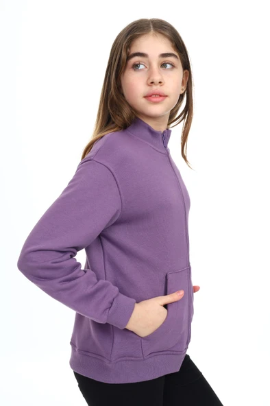 Toontoy Kız Çocuk Mavi Dik Yaka Fermuarlı Cepli Düşük Omuz Nakış Baskılı Örme Hırka - 2 İplik Şardonlu - 12