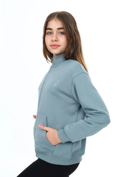 Toontoy Kız Çocuk Mavi Dik Yaka Fermuarlı Cepli Düşük Omuz Nakış Baskılı Örme Hırka - 2 İplik Şardonlu - 7