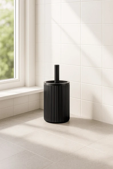 Lines Serisi Siyah Banyo Seti, 2 Parça Akrilik Silindir 5 Litre Çöp Kovası ve Tuvalet Fırçası Takımı - Resim 3