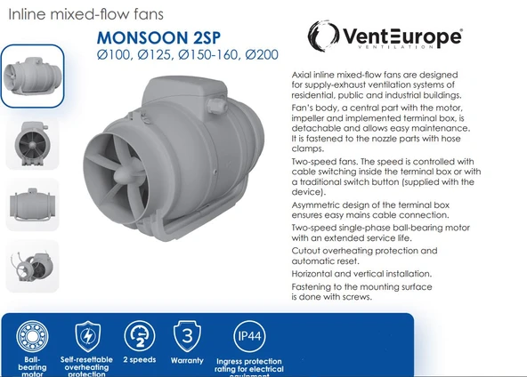 100'lük 250 m3/h İki Hızlı Aksiyel Kanal Fanı 40 dB(A) 25W Vent Europe Q125 Redüksiyonlu IP44 3 Yıl Garantili AGMair Ventilation Havalandırma - 5