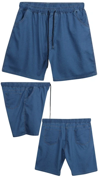 Büyük Beden 120 - 157 Kilo Arası İçin Uygun Bedenli Erkek Likralı Bağcıklı Kot Şort - 5