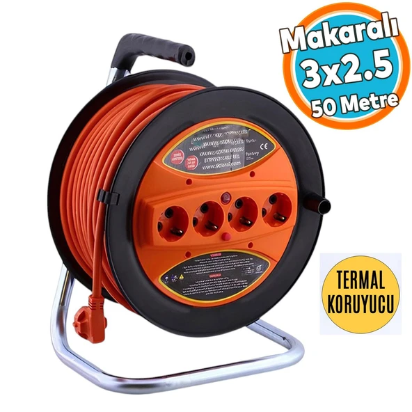 Plastik Seyyar Makaralı CCA Uzatma Kablosu 3x2.5 mm 50 Metre Termal Sigortalı 4 Prizli Monofaze