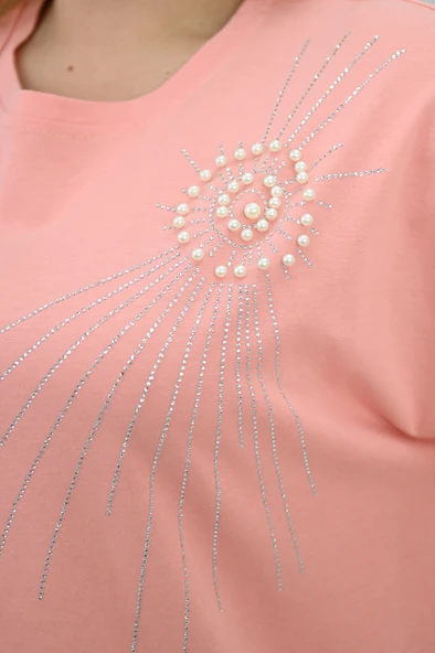 Kadın Büyük Beden Kısa Kollu Taş ve İnci Baskı Detaylı Oversize T-shirt 1925-25