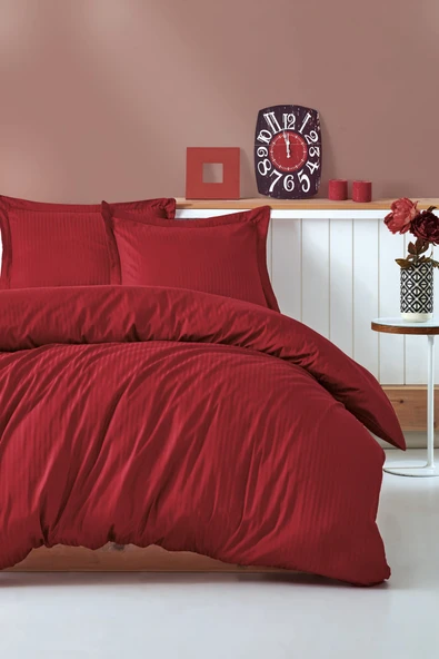 Cotton Box Elegant Stripe Çift Kişilik Nevresim Takımı Saten Bordo