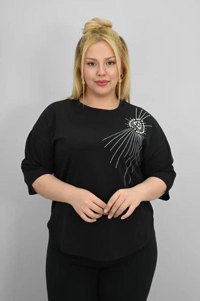 Kadın Büyük Beden Kısa Kollu Taş ve İnci Baskı Detaylı Oversize T-shirt 1925-25 - 2