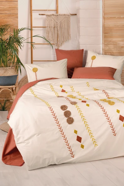 Cotton Box Puff Nakışlı Çift Kişilik Nevresim Takımı Amaris Kiremit