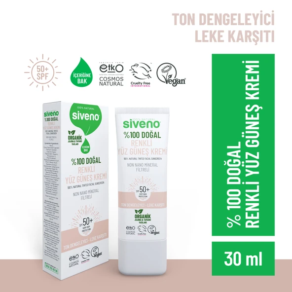 Siveno %100 Doğal Yüz Güneş Kremi Renkli Ton Eşitleyici Leke Karşıtı UVA UVB SPF 50+ 30 ml