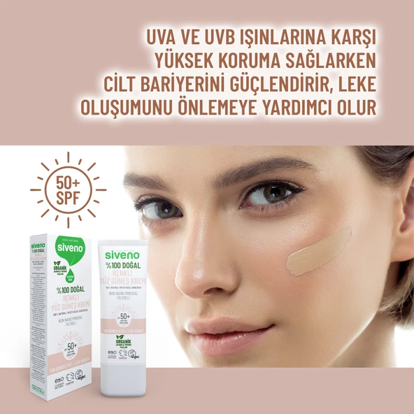Siveno %100 Doğal Yüz Güneş Kremi Renkli Ton Eşitleyici Leke Karşıtı UVA UVB SPF 50+ 30 ml - 5