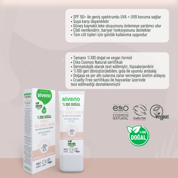 Siveno %100 Doğal Yüz Güneş Kremi Renkli Ton Eşitleyici Leke Karşıtı UVA UVB SPF 50+ 30 ml - 7