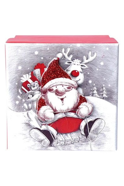 Yılbaşı Noel Baba ve Geyik Motifli Hediye Kutusu 19x9 cm - 2